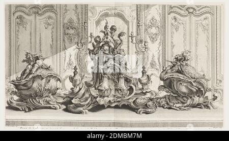 Projet de Sculpture en argent d'un Grand Surtout de Table et les deux Terrines...Executée pour Millord Kinston (sic) en 1735 (Design pour pièce maîtresse et deux plans pour le duc de Kingston en 1735) plaque 115 à Œuvre de juste-Aurèle Meissonnier, juste-Aurèle Meissonnier, française, b. Italie, 1695–1750, Gabriel Huquier, Français, 1695–1772, Etching sur papier blanc cassé, les reines sont les éléments visuels des figures couronnantes du surtout. La forme du couvercle des reines est adaptée à partir de la forme d'une coque de mer Banque D'Images