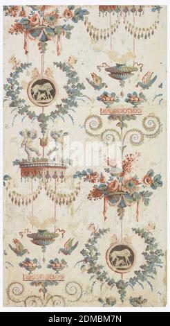 Sidewall, Block printed on handmade paper, Vertical rectangle composed of three joined sheets giving full width of original paper and all but three inches of drop-repeating design, which repeats twice in one width. A bowl of flowers is placed above a medallion enclosing a suckling sheep with lamb, surrounded by a wreath; and below a brule-parfum flanked by two birds taking strawberries from compotes. Above the latter motif is the fourth motif of the design, confronted putti dancing on a baldaquin from which hang two swags., Paris, France, ca. 1791, Wallcoverings, Sidewall Stock Photo