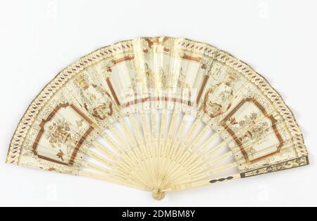 Pleated fan, Gilded paper leaf with chromolithograph, pierced and gilded ivory sticks, Pleated fan. Gilded paper leaf with chromolithograph. Obverse: a garden scene, couples strolling. Reverse: a courtship scene with putti and baskets of flowers. Pierced and gilded ivory sticks., France, ca. 1840, costume & accessories, Pleated fan Stock Photo