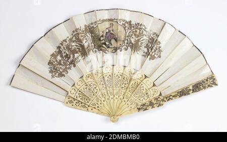 Pleated fan, Gilded paper leaf with chromolithograph, carved and pierced ivory sticks, partially silvered, Pleated fan. Gilded paper leaf with chromolithograph showing four ladies in a garden. Reverse: a man and woman in a medallion flanked by arabesques in silver paint. Carved and pierced ivory sticks with silvered decoration., France, 1830–40, costume & accessories, Pleated fan Stock Photo