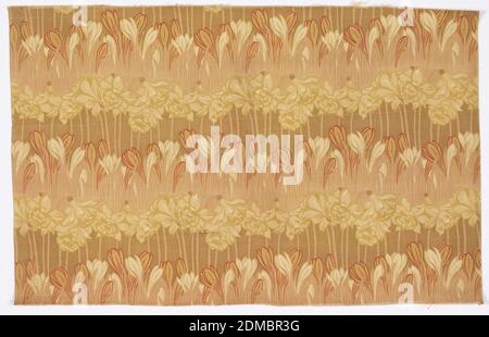 Textile, Arthur Wilcock, Moyen: Coton technique: Imprimé, coton lourd, imprimé des deux côtés. La conception montre des rangées horizontales de crocus et de jonquilles. Nuance de jaune, de brun et de rouge pour certains contours. Stuff a une largeur de 31 pi. Les deux selvedges présents., Angleterre, ca. 1890, textiles imprimés, teints et peints, textile Banque D'Images