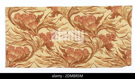 Textile, Arthur Wilcock, Moyen: Coton technique: Rouleau-imprimé sur le tissage simple, la conception sinueuse de feuilles soufflées par le vent, les coquelicots, et le blé en rouge et russet sur un terrain clair tacheté., Angleterre, ca. 1886, textiles imprimés, teints et peints, textile Banque D'Images
