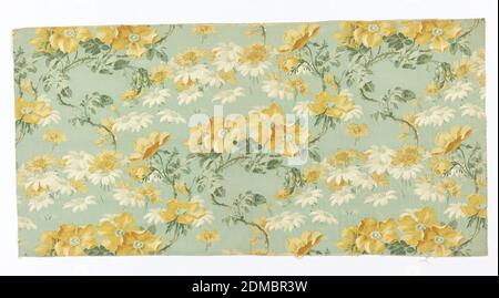 Textile, Arthur Wilcock, Moyen: Coton technique: Imprimé par rouleau de cuivre gravé sur un tissu Uni, imprimé textile montrant le motif grandeur nature de roses jaunes sauvages, pâquerettes, cornflowers, en blanc et ocre avec le feuillage vert sur un terrain d'aqua., Angleterre, ca. 1890, textiles imprimés, teints et peints, textile Banque D'Images