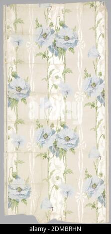 Sidewall, Frederick Beck & Co., 1860, Machine-printed paper, On white ground vertical stems bearing light blue poppies, with watered glazed area between them. Drop repeat, straight match. On left margin: 'Fr. Beck and Co. / 110 D W'., New York, USA, ca. 1912, Wallcoverings, Sidewall Stock Photo