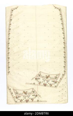 Gilet de costume, non coupé, moyen: Soie technique: Brodé en point de chaîne sur taffetas, taffetas blanc crème brodé en silks colorés pour le devant d'un gilet de costume. La conception comprend des roses, des sprays de fleurs et des branches. Les zones brodées comprenaient le motif sur le devant du manteau et les poches à trois points. Style coupé sans col. France, 1750–1800, broderie et couture, gilet de costume, non coupé Banque D'Images