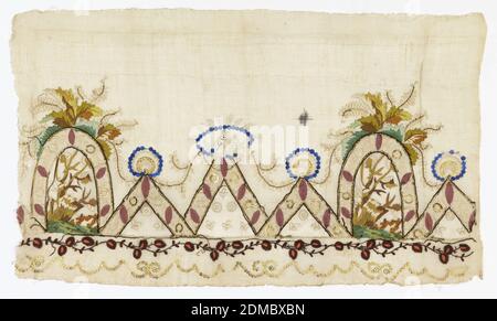 Border, Medium: linen, silk, net, metallic thread, metal sequins Technique: couching and satin stitches and applique on plain weave, Part of a multicolored border with a main section of repeating triangles and arches. The arches frame a landscape of grass and trees, and the main triangle supports an oval medallion framing Cupid. Probably part of a border for a dress., France, 19th century, embroidery & stitching, Border Stock Photo