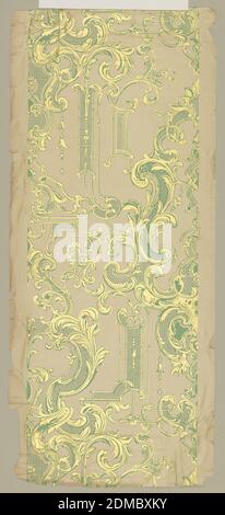 Flanc, bloc imprimé sur papier machine, motif rococo-ressusciter en vert et or métallique sur un sol en mica beige. Support papier avec bord-côte horizontal en relief, France, Etats-Unis, env. 1895, revêtements muraux, flanc Banque D'Images