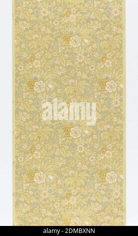 Sidewall, Machine-printed, Aesthetic-style design, all-over floral and foliette pattern, printed in pink, blue, tan and white, with fine gold outline. Groups of flowers coming out of basket-like containers. Printed on embossed ground., possibly USA, ca. 1880, Wallcoverings, Sidewall Stock Photo