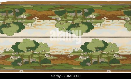 Frise, papier imprimé à la machine, Frise de paysage avec une scène de port contenant un phare et des voiliers, des chalets, des arbres et des collines ondulantes. Imprimé dans plusieurs nuances de vert et de terre cuite sur un sol de terre cuite légère. Le ciel passe de très pâle en haut à la couleur d'arrière-plan près de l'horizon. La bordure est imprimée deux sur toute la largeur., USA, 1905–1915, Wallcoverings, Frieze Banque D'Images