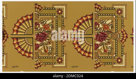 Ceiling border, Block-printed, Wallpaper roll., Ceiling border corners and ornaments: in the Anglo-Japanesque style, containing fans and roses. Printed in red, tan and black on ocher ground., USA, 1875–1906, Wallcoverings, Ceiling border Stock Photo