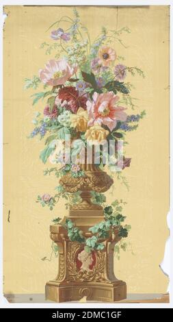 Panneau décoratif, Jules Desfossé, français, actif 1851 - 1863, panneau imprimé en bloc, ourne aux fleurs grimpantes, perché sur un piédestal recouvert de vigne. Caméo Bourgogne. Imprimé sur un sol en bois., Paris, France, 1856–57, revêtements muraux, panneau décoratif Banque D'Images