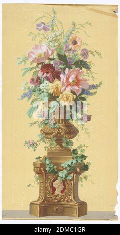 Panneau décoratif, Jules Desfossé, français, active 1851 - 1863, papier imprimé en bloc, ourne de fleurs assis sur un piédestal recouvert de vigne. Caméo de Bourgogne à la base. Imprimé sur sol en bois, Paris, France, 1856–57, revêtements muraux, panneau décoratif Banque D'Images