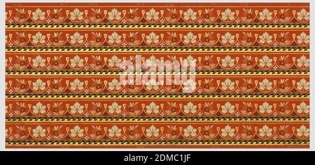 Border, Block-printed, Wallpaper roll., Printed six across, leaf motifs separated by tassels. Printed in colors on orange ground., USA, 1875–1906, Wallcoverings, Border Stock Photo