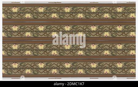 Bordure, imprimé en bloc, rouleau de papier peint., imprimé quatre fois, tulipes stylisées sur tiges en zigzag, enveloppées autour de tige en épine., États-Unis, 1875–1906, revêtements muraux, Border Banque D'Images