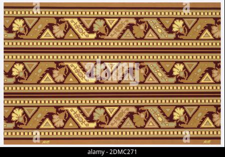 Bordure, imprimé blocs, rouleau de papier peint, imprimé trois sur trois, motifs floraux imprimés en zigzag. Motif Dentil sur les deux bords. Imprimé en or et tans sur terrain ocre., États-Unis, 1875–1906, revêtements muraux, Border Banque D'Images