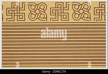 Bordure de plafond, papier imprimé à la machine, rouleau de papier peint. Paires étroites de lignes parallèles remplissant environ les deux tiers de la largeur du papier. Les coins border remplissent le tiers restant, avec des motifs ronds et carrés. Imprimé sur un sol beige., États-Unis, 1875–1906, revêtements muraux, bordure de plafond Banque D'Images