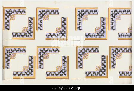 Les coins de bordure, papier imprimé en blocs, ressemble à un ruban noir découpé sur un ruban lavande, corde étroite ou moulage de câble souligne la lavande. Cadre doré à l'extérieur. Imprimé en lavande, or, ocre et noir., France, env. 1850, revêtements muraux, coins border Banque D'Images