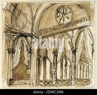Scène Design pour l'intérieur d'un palais gothique, Giuseppe Barberi, italien, 1746–1809, stylo et encre marron, brosse et brun laver sur papier blanc cassé doublé, vue dans la grande salle du palais gothique à travers trois arches gothiques sur colonnes., Italie, début du XIXe siècle, théâtre, dessin Banque D'Images