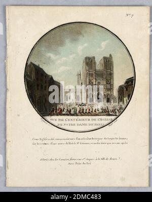 Assiette 7, vue de l'extérieur de l'église de notre-Dame de Paris (vue de l'extérieur de la Cathédrale notre-Dame, Paris), depuis pittoresques des principes édivices de Paris, Barthe le Campion y Joseph Fulcran Roger, français, 1767–1841, Franc¸ois Martin Testurd, français, 1790–1819, français, les Frères, France Gravure au pinceau et aquarelle sur papier blanc, vue de l'extérieur de la cathédrale notre Dame de Paris. Une foule dans la place devant. Maisons de chaque côté. Ci-dessous, le titre, les noms des artistes et des éditeurs et un bref commentaire., Paris, France, 1792, architecture, Imprimer Banque D'Images