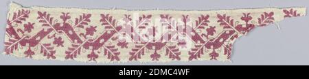 Band, Medium: silk on linen Technique: embroidered, Band fragment showing a geometric flowering vine in red silk on linen., Italy, 17th century, embroidery & stitching, Band Stock Photo