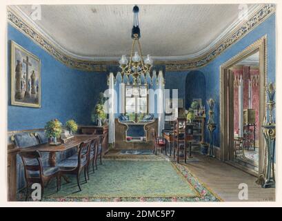 The Blue Room, Schloss Fischbach, Friedrich Wilhelm Klose, allemand, 1804 – après 1863, pinceau et aquarelle, graphite sur papier blanc, la Blue Room, très probablement une salle à manger, est décorée dans le style gothique de renaissance., UNE vue sur la belle campagne de Silésie est visible par la fenêtre centrale, avec sa traverse supérieure en vitraux, située dans l'alcôve. L'entrée de l'alcôve est ornée d'un pélmet bleu-tasselé et de rideaux blancs. Une peinture religieuse, à gauche, est juxtaposée avec des fleurs, des plantes, un bureau, une étagère et une table à manger, éléments d'une chambre confortable Banque D'Images