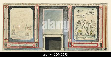 Design pour une cheminée, mur avec paysage chinoiserie, peut-être pour la bibliothèque, Pavillon Royal, Brighton, Frederick Crace, Anglais, 1779–1859, pinceau et aquarelle, graphite sur papier, élévation d'un mur, avec une cheminée au centre, Et les murs à gauche et à droite contenant de grands panneaux peints de scènes chinoises., Angleterre, 1802, architecture, intérieurs, dessin Banque D'Images