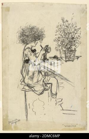 Virginia Modeling, Study for Etching, Jerome Myers, cuisine américaine, 1867–1940, crayon noir sur papier, JEUNE fille assise devant une table, avec un outil à la main, modélisant une figure en argile. Elle fait face à droite, dans le profil. Une plante en pot ou arrangement de fleur est sur la table, à droite., USA, ca. 1912, portraits, dessin Banque D'Images