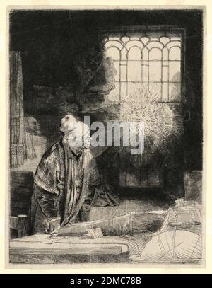 Faust dans son étude, regardant un disque magique, Rembrandt Harmensz van Rijn, néerlandais, 1606–1669, Etching sur papier blanc cassé, pays-Bas, ca. 1652, figures, Imprimer Banque D'Images