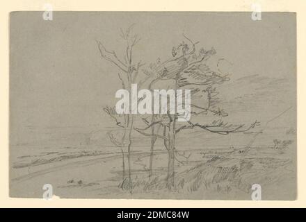 Étude du paysage, William Trost Richards, américain, 1833–1905, Graphite sur papier, esquisse d'arbres avec feuillage et montagne en arrière-plan, États-Unis, 1865–1870, études de la nature, dessin Banque D'Images