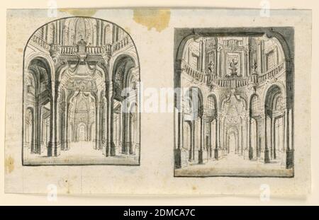 Scène Design: Intérieur de Palace Halls, Pen et bistre, brosse et sépia laver sur papier, deux rectangles verticaux sur une feuille, les deux montrant des salles circulaires avec balustrades courant au-dessus des voûtes du rez-de-chaussée. Richement décoré avec des colonnes couplées et des tentures en tissu., Italie, fin du XVIIe siècle, théâtre, dessin Banque D'Images