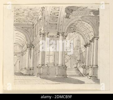 Stage Design, Palace Interior, stylo et encre marron, pinceau et encre grise sur papier, rectangle horizontal. Intérieur du palais, long hall à gauche et escaliers à droite., Italie, début du XIXe siècle, théâtre, dessin Banque D'Images