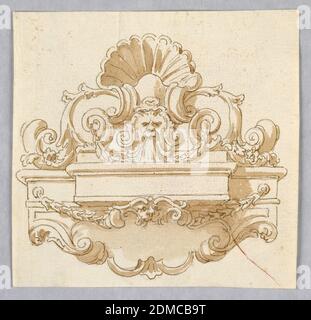 Design pour une fontaine murale, stylo et encre brune, brosse et lavage brun sur papier blanc cassé, UN bassin décoré de festons recueille l'eau qui coule de la bouche d'un masque greenman. Ci-dessus, un fronton composé d'une coquille et de rouleaux., Italie, fin du XIXe siècle, architecture, dessin Banque D'Images