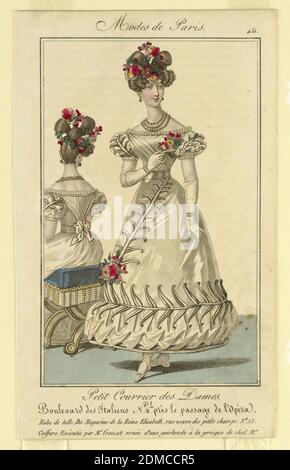 Assiette mode pour femme, gravure de couleur main support : papier vélin blanc cassé, France, Europe, 1827, costume et accessoires, impression Banque D'Images