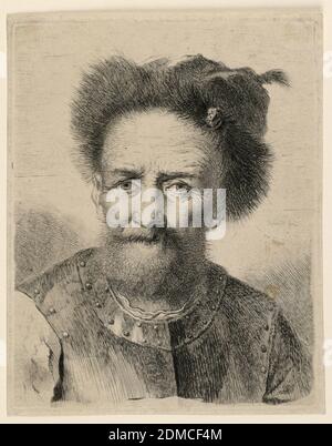 Old Warrior, Georg Friedrich Schmidt, école française, 1712 - 1775, Etching sur papier, PORTRAIT d'un guerrier en demi-longueur en vue frontale; le corps tourna légèrement vers la droite, de la tête vers la gauche. Le guerrier a une barbe courte; il porte une casquette avec une bordure en fourrure avec une épingle attachée à l'avant et une plume à l'arrière. Inscrit, centre droit: 'Schmidt fec.', Allemagne, ca. 1750, Imprimer Banque D'Images