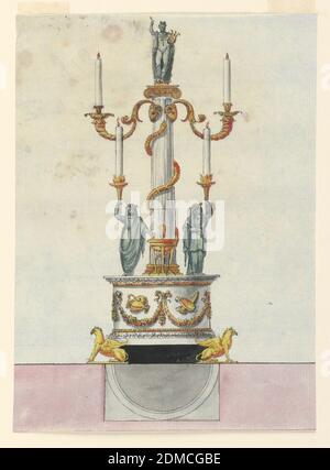 Design pour un Candlestick, Luigi Righetti, Italien, 1780 - 1819, stylo et encre, pinceau et sépia wash, aquarelle, graphite sur papier bleu clair, rectangle vertical. Conception d'un chandelier destiné à être exécuté en bronze doré et vert et en marbre blanc. Conception d'un chandelier avec des variations similaires à 1938-88-593. Base soutenue par deux griffons dorés couchés. Sur une base demi-circulaire avec des décorations de guirlandes de trophées de navires se dresse une colonne avec la statue d'Apollon sur le dessus. Deux bras aux bougies allumées poussent des têtes de bélier, sous la capitale Ionique. Banque D'Images