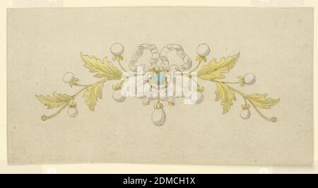 Design pour un Coronet, stylo et encre brune, pinceau et gris, jaune, lavage vert, graphite sur papier blanc couté, rectangle horizontal. Conception d'une petite couronne ou tiara destinée à être exécutée en métal doré et en diamants. Deux branches de chêne amer avec des feuilles et des bourgeons ronds composés de perles. Au centre, un nœud blanc avec un diamant vert encadré circulaire; ci-dessous est une perle suspendue., Italie, milieu du XIXe siècle, bijoux, dessin Banque D'Images