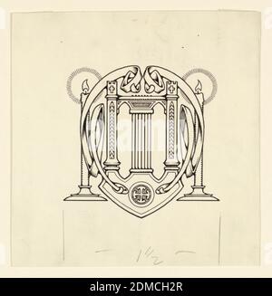 Chaussure, Homer Wayland Colby, American, 1874–1950, fils de Charles Scribner, New York, New York, USA, stylo et encre sur papier, UN dessin symétrique composé d'une lyre comme motif central, flanqué de bandes entrelacées et de bougies allumées., USA, ca. 1910, conception graphique, dessin Banque D'Images