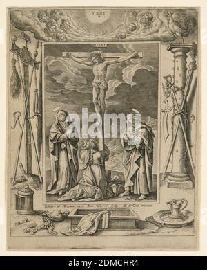 La Crucifixion, Anthonie Wierix, Flamand, 1596 - 1624, Marten de Vos, Flamand, 1532-1603, gravure sur papier, Christ sur la croix et la Vierge, Sainte Marie-Madeleine, Saint-Jean. Cadre large avec une gloire et des instruments de la passion. Signé: 'Eduart. ab Hoeswin[ckel]. Excu. Anto. Cuir chevelu Wierinx. M. de Vos inuentor U.', pays-Bas, ca. 1590, religion, Imprimer Banque D'Images