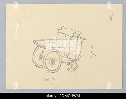 Conception pour table de service à roulettes avec trois plateaux, A.N. Davenport Co., Graphite sur papier crème fin, table de service semblable à un chariot sur roues, vue de trois quarts; trois plateaux empilés, le plus petit au milieu; poignées fixées à l'arrière du plateau le plus haut; plateau inférieur avec une paire de roues de vélo fixées à l'avant et roues de plus petite taille fixées à l'arrière; Longue poignée DE direction EN FORME DE « S » fixée au plateau inférieur et s'étend jusqu'au dessous du plateau supérieur, 1900–05, mobilier, dessin Banque D'Images
