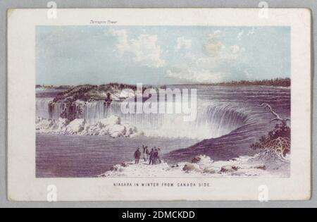 Niagara en hiver du côté du Canada des chutes du Niagara : être un guide complet, gravure en bois de couleur sur carton blanc, rectangle horizontal, États-Unis, ca. 1857, paysages, Imprimer Banque D'Images