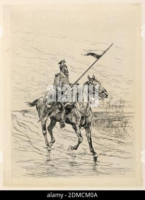 Un Uhlan, Edouard Detaille, Français, 1848–1912, Etching à l'encre marron foncé sur papier blanc, UN officier de cavalerie est vu monter à bord de sa droite, devant. Sa tête est tournée vers la gauche et il porte une longue lance dans sa main droite., France, ca. 1874, Imprimer Banque D'Images