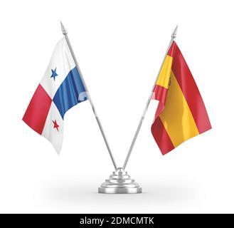 Drapeaux de table d'Espagne et de Panama isolés sur le rendu 3D blanc Banque D'Images