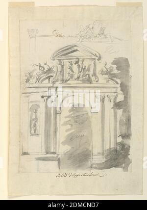 Cadre pour une porte de ville avec d'autres suggestions, Filippo Marchionni, italien, 1732–1805, Graphite, charbon de bois, pinceau et aquarelle sur papier, détail architectural de l'arcade, deux colonnes superficielles Corinthiennes à gauche et à droite de l'arche ouverte. Statue en arc encastré à gauche, façade du temple grec ci-dessus., Italie, ca. 1750, architecture, dessin, dessin, cadre pour une porte de ville avec d'autres suggestions, Filippo Marchionni, Italien, 1732–1805, Graphite, charbon de bois, pinceau et aquarelle sur papier, détail architectural de l'arcade, deux colonnes superficielles Corinthiennes à gauche et à droite de l'arche ouverte Banque D'Images