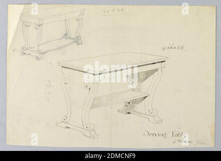 Conception pour table de service avec une esquisse de conception alternative, A.N. Davenport Co., stylo et encre noire sur du papier crème fin, corps rectangulaire étroit relevé sur des supports latéraux à double spirale pleins; tablette inférieure fixée à mi-chemin au-dessus du sol; Coin supérieur gauche, modèle alternatif avec corps relevé sur 4 pieds à défilement., 1900–05, mobilier, dessin, dessin, conception pour table de service avec esquisse de conception alternative, A.N. Davenport Co., stylo et encre noire sur papier crème fin, corps rectangulaire étroit relevé sur supports latéraux doubles-spirales pleins; tablette inférieure fixée à mi-chemin au-dessus du sol; coin supérieur gauche, autre conception Banque D'Images