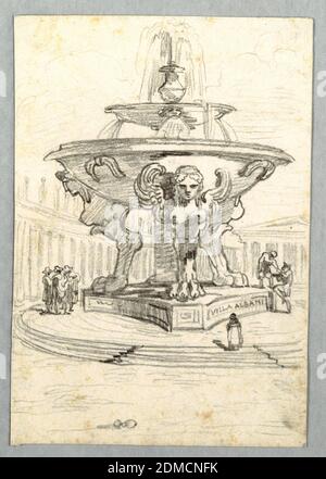 Fontaine soutenue par trois Harpies et trois groupes de personnes dans le jardin à Villa Albani, Rome, Felice Giani, italien, 1758–1823, craie noire sur papier vélin blanc, grande fontaine avec deux bols, bassin inférieur soutenu par la poste centrale et trois Harpies ailées. Trois groupes de personnes à proximité sur la plate-forme., Italie, 1780–1820, figures, dessin, dessin, fontaine soutenue par trois Harpies et trois groupes de personnes dans le jardin à Villa Albani, Rome, Felice Giani, italien, 1758–1823, craie noire sur papier vélin blanc, grande fontaine avec deux bols, bassin inférieur soutenu par la poste centrale Banque D'Images