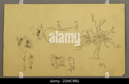 Costume de conception d'un garçon juif décrit comme un Pharisien, un arbre de Fig, Et Heads, Palestine, église Frederic Edwin, américaine, 1826–1900, Graphite sur papier brun clair, vue verticale sur la rangée supérieure montrant à droite un livre dans un crock de pierre à gauche et la tête dans la rangée centrale à gauche, illustrée de l'arrière gauche; Sur la rangée centrale, à gauche, une tête avec un harnais, légèrement oblique et abaissé, et à droite le même garçon vu de l'arrière gauche debout; et à travers le bas horizontalement un arbre sans feuilles est visible., février–avril 1868, costume et accessoires, dessin Banque D'Images