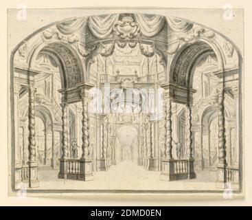 Scène Design: Intérieur Palace, stylo et encre marron, pinceau et laver sur papier, rectangle horizontal montrant l'intérieur d'un palais. À gauche et à droite, des arches à cercueils soutenues par des colonnes solomoniques mènent à des escaliers. Au centre, une salle voûtée est suspendue avec des guirlandes. En haut, une crête., Italie, 1650–1700, théâtre, dessin Banque D'Images