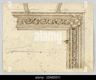 Projet pour un plafond, Graphite, stylo et encre, pinceau et aquarelle, sépia sur papier, au coin, une escutcheon flanquée de moulures suggérées. A gauche, un acanthus fait un renceau pour la frise. Ci-dessous, acanthus droit. Deux poutres de plafond au-dessus., Italie, fin du XVIIe siècle, ornement, dessin Banque D'Images