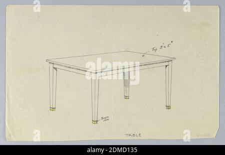 Conception pour table rectangulaire à quatre pattes, A.N. Davenport Co., crayon de couleur jaune et graphite sur papier fin, crème, le plan de table moulé rectangulaire est surélevé sur quatre pattes de fixation simples avec des sabotes en laiton indiqués dans un crayon de couleur jaune., 1900–05, mobilier, dessin Banque D'Images