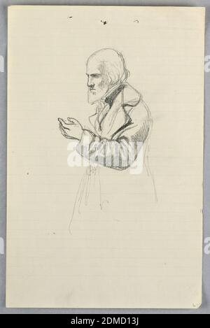 Etude pour le 'Groupe scientifique', Daniel Huntington, américain, 1816–1906, Graphite sur papier blanc laqué doublé, Homme avec une barbe, face à gauche, sa main gauche gestuelle vers le haut. La moitié inférieure de son manteau décrit., Londres, Royaume-Uni, Etats-Unis, 1858, figures, dessin Banque D'Images